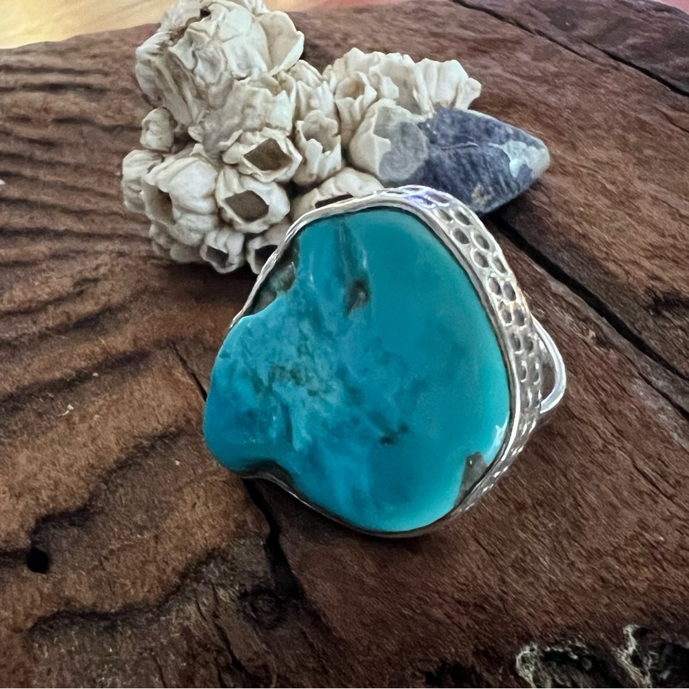 Bali Thailand SJ Hammered Turquoise Ring Sterling Silver Blue Large Size 9.25